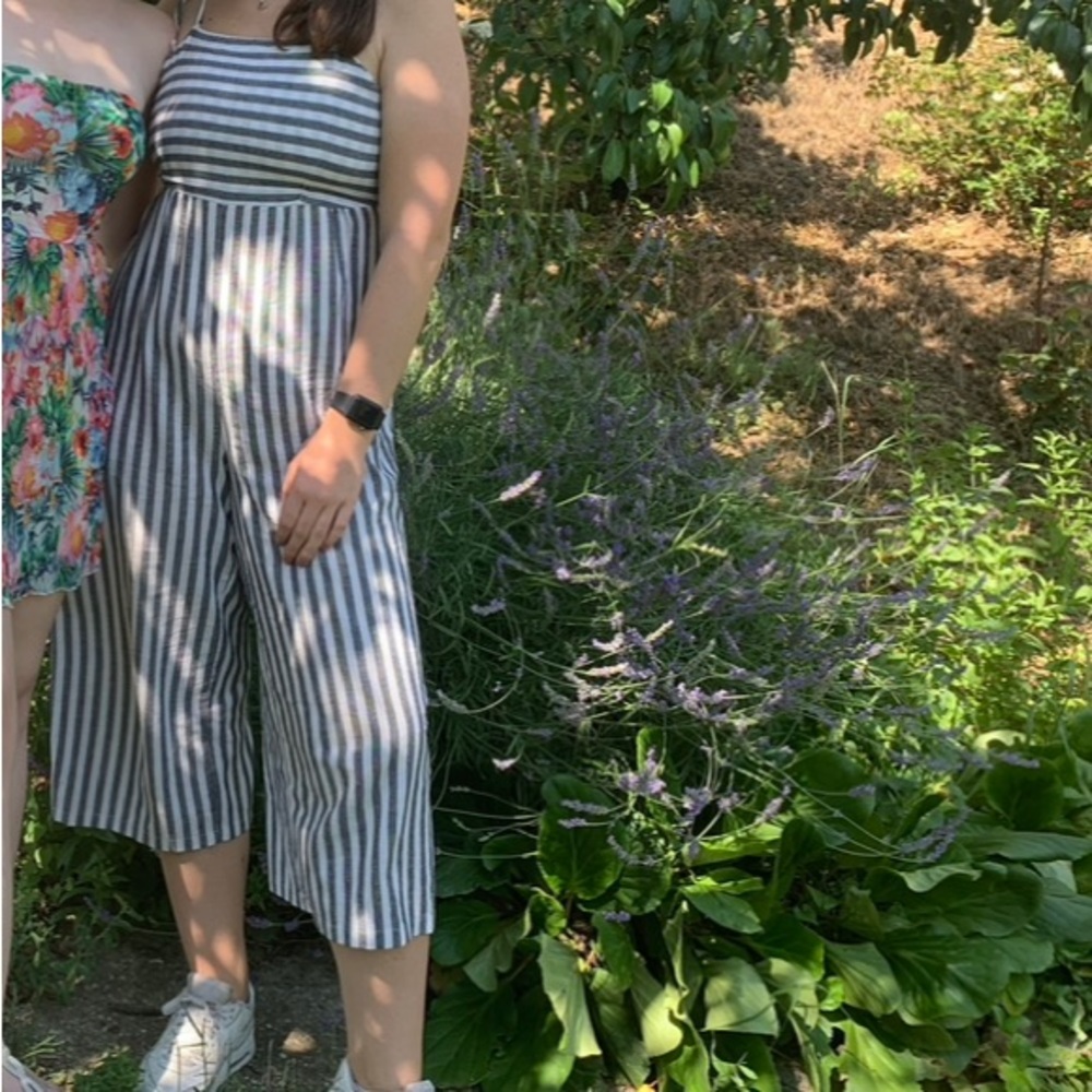 Black and white striped summer linen jumpsuit